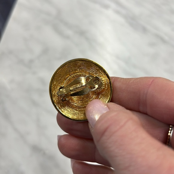 St. John Vintage Gold Tone and Navy Enamel Clip On Earring - Picture 6 of 10